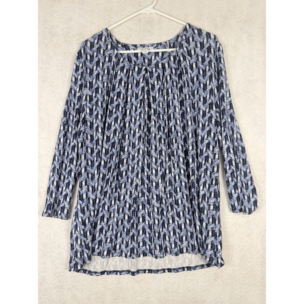 Intro Blue White Geometric Print Tunic Top Women's XL 3/4 Sleeve Stretch Blouse